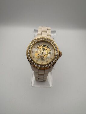 Adrienne Gold Skeleton Dial Watch with Ceramic Band New Battery Works!